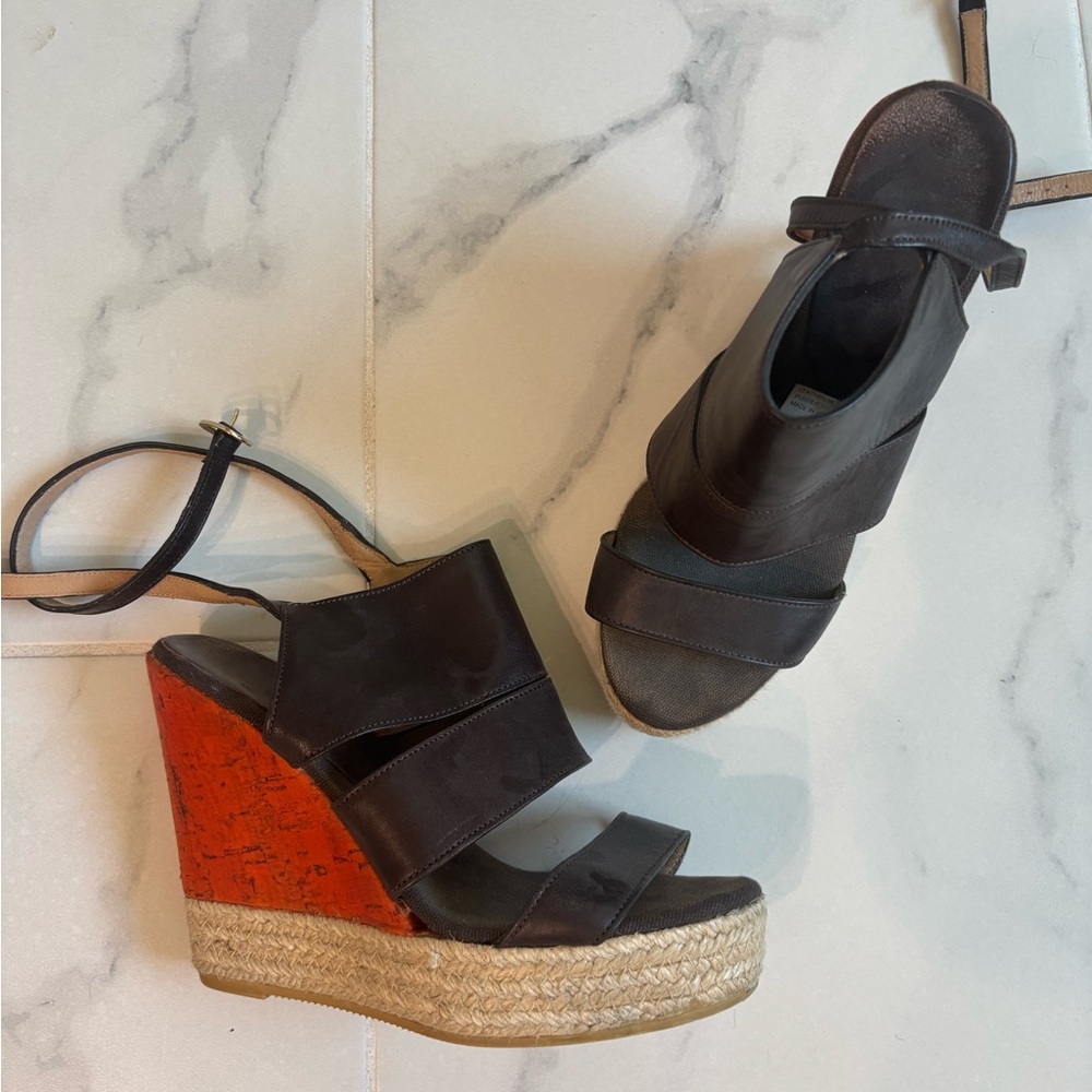 Bettye Muller Chocolate Brown and Orange Espadrille Wedges